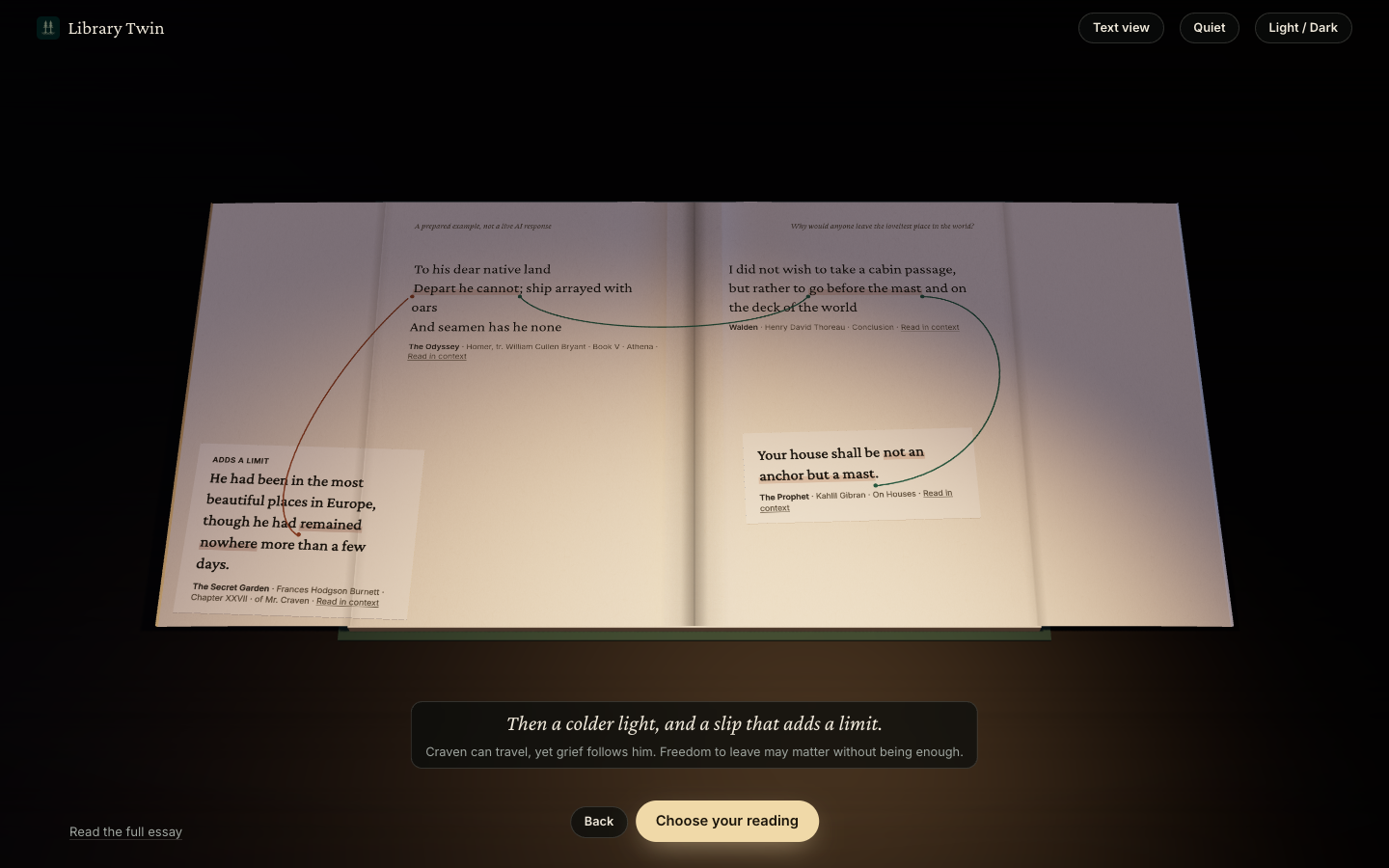 The existing 3D encounter at its third step: passages from The Odyssey, Walden and The Prophet joined by green threads, and a copper thread to a slip from The Secret Garden labelled Adds a limit.